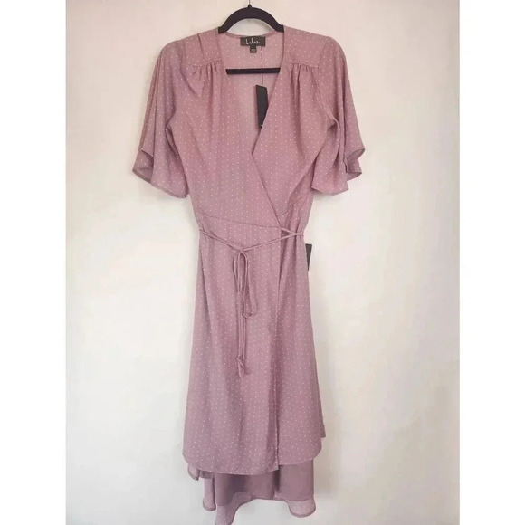 Lulus Farah Mauve Print Midi Wrap Dress Pink Size Small NWT - Picture 3 of 7